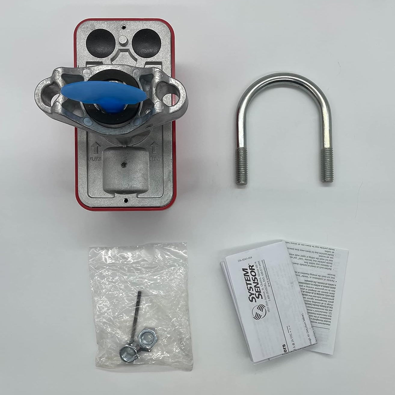 System Sensor WFD25N 2.5-inch waterflow detector for fire alarm systems, shown mounted on the ceiling with wiring visible.