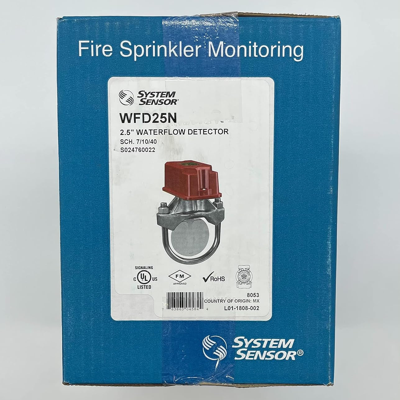 System Sensor WFD25N 2.5-inch water flow detector for fire alarms, shown with electrical connections and mounting hardware.