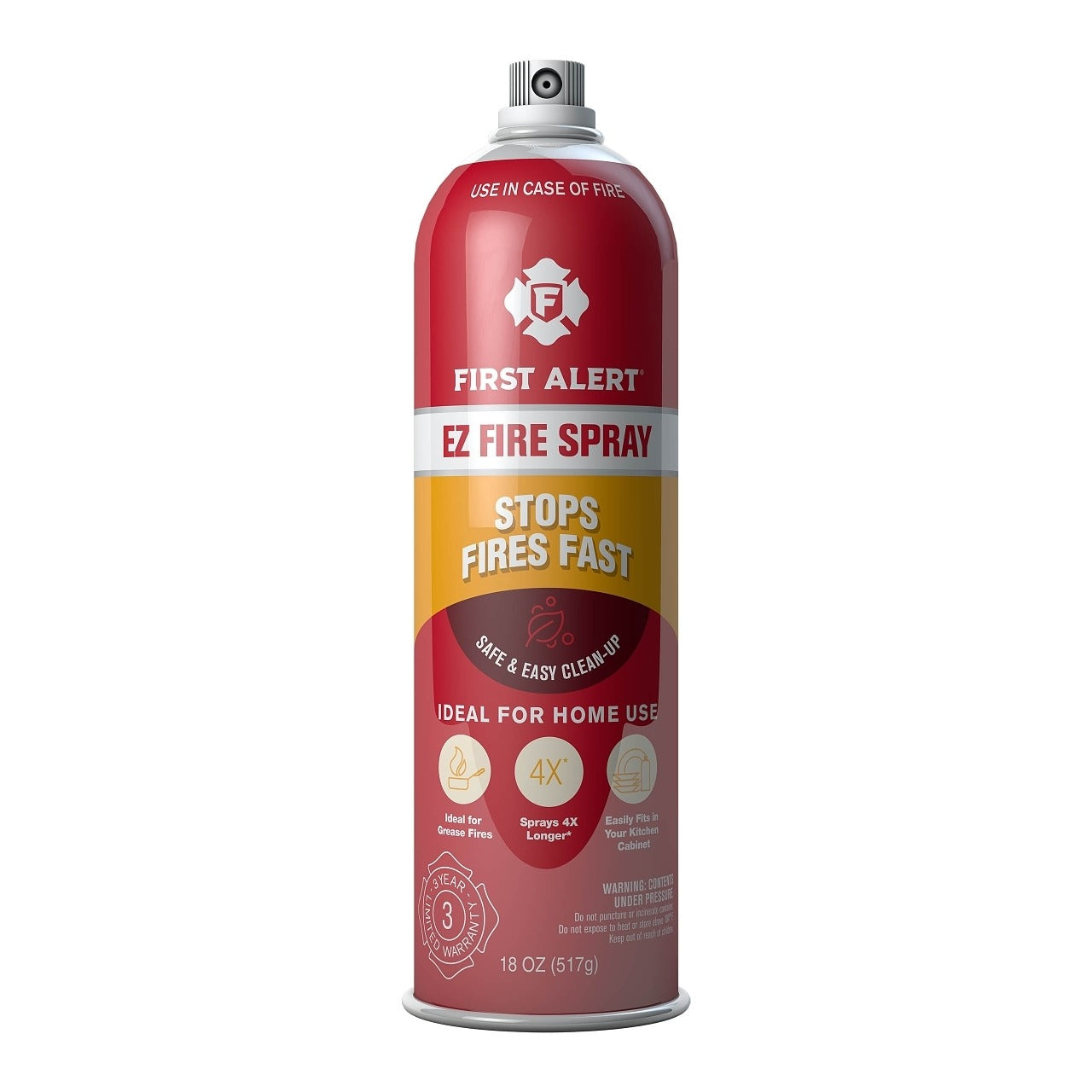 First Alert AF400 EZ Fire Spray fire extinguisher with orange safety nozzle and compact design for easy use in emergencies.