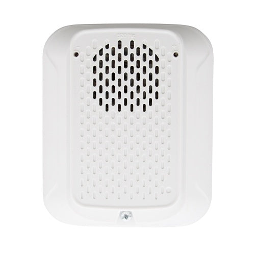 White System Sensor HWL2-LF wall mount sounder with low-frequency horn and mounting bracket, designed for alarm signaling.