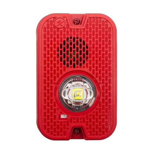Red System Sensor P2GRKLED-P compact wall-mounted horn strobe fire alarm with plain housing, designed for emergency alerting.