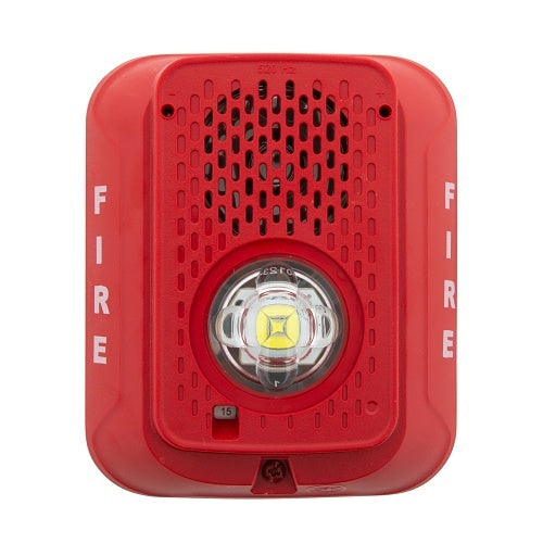 System Sensor P2RLED-LF wall mount low-frequency sounder strobe with red lens and mounting bracket.