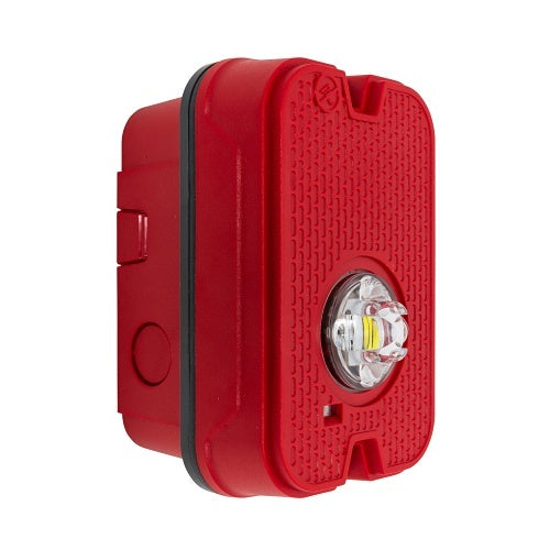 Red L-Series LED strobe light for fire alarms by System Sensor, outdoor wall-mounted, compact and bright.
