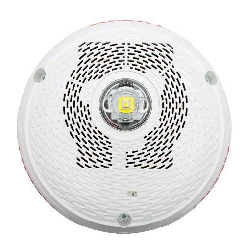 System Sensor outdoor LED speaker strobe with clear lens and ceiling mount, designed for emergency alerts and outdoor safety.