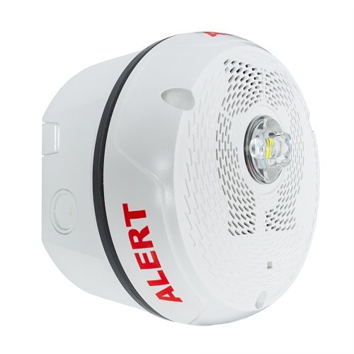 Outdoor LED speaker strobe light by System Sensor with ceiling mount and clear lens, designed for alert and communication.