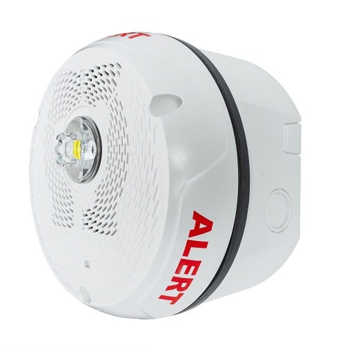 Outdoor LED speaker strobe light by System Sensor with clear lens and ceiling mount, designed for alert and communication purposes.