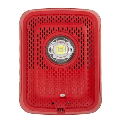 Indoor wall-mounted LED strobe speaker by System Sensor, featuring a black finish and integrated emergency alert lighting.