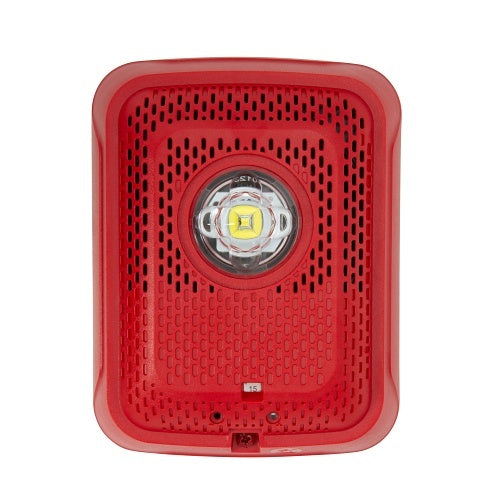 Wall-mounted System Sensor SPSRLED-P L-Series indoor speaker with LED strobe light, black finish, and sleek design for alert signaling.