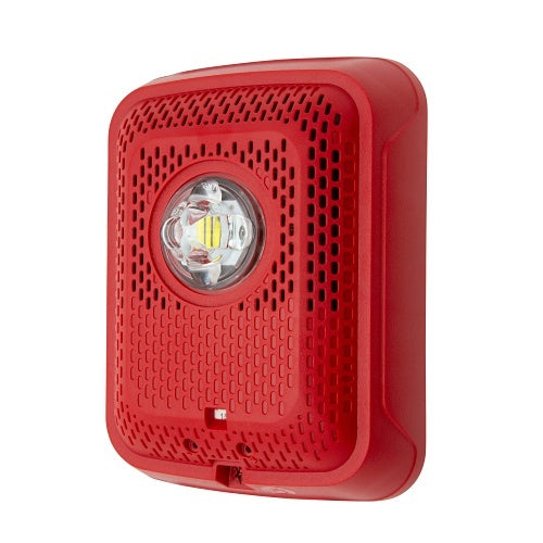 Indoor wall-mounted LED strobe speaker from System Sensor SPSRLED-P L-Series, with black housing and visible mounting details.