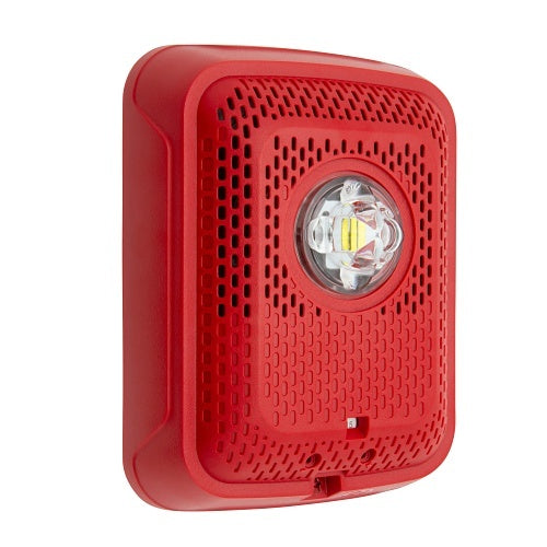 Indoor wall-mounted System Sensor SPSRLED-P L-Series speaker with LED strobe, black finish, and mounting bracket visible.