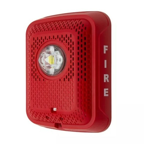 Indoor wall-mounted System Sensor SPSRLED L-Series LED strobe speaker with black housing and visible mounting brackets.