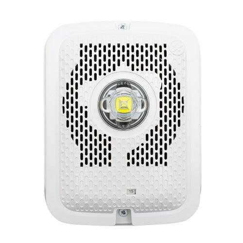 Outdoor LED speaker strobe wall fire alarm by System Sensor, plain black housing with LED light and speaker for emergency alerts.