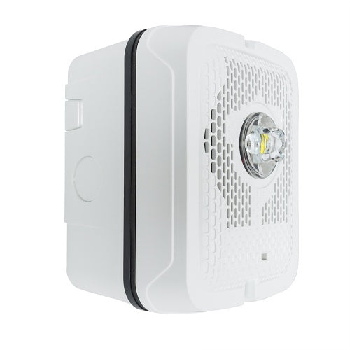 Outdoor LED speaker strobe wall fire alarm by System Sensor with bright LED light and speaker for emergency alerts.