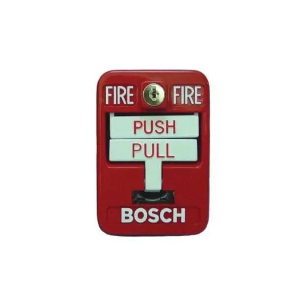 Bosch FMM-462-D addressable double action pull station with metal casing and two push buttons for fire alarm activation.