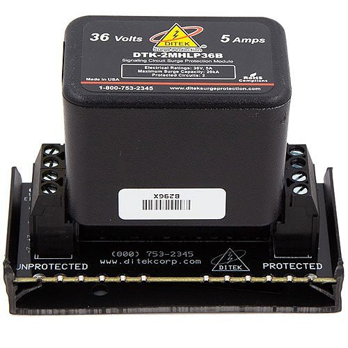 Ditek DTK-2MHLP36BWB data and signaling circuit surge protector with modular design and multiple connection ports.