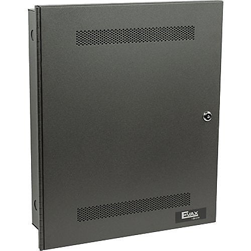 Potter EVAX-25 25 Watt voice panel fire alarm mounted on a charcoal cabinet for emergency alert systems.