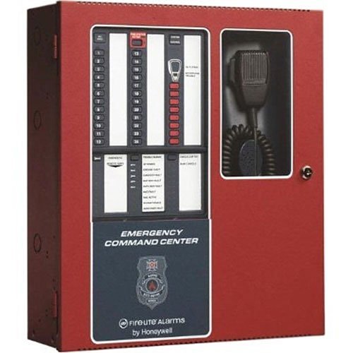 Fire-Lite ECC-50/100E Emergency Command Center for fire alarm systems, shown in a large, wall-mounted unit with control panels and indicators.