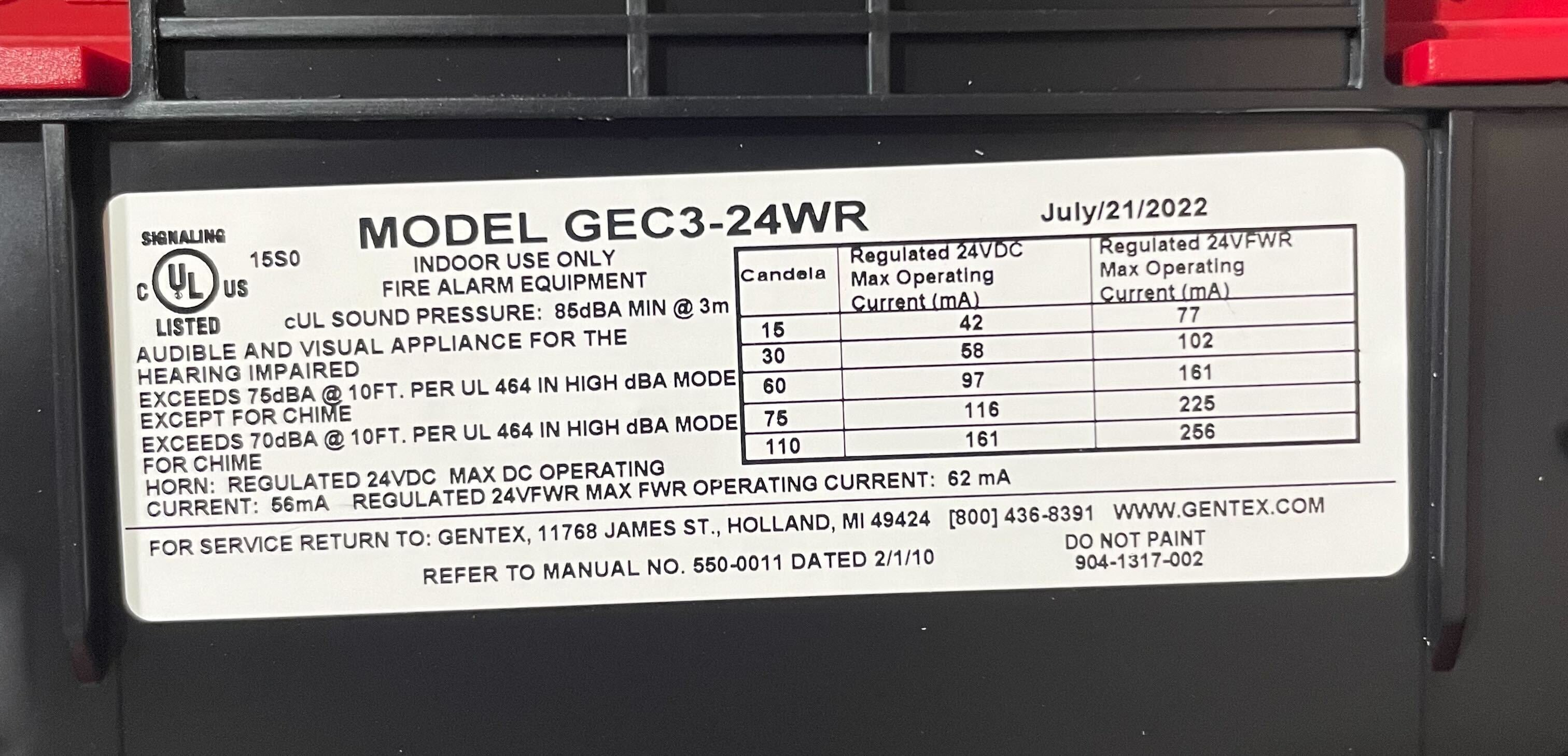 Gentex GEC3-24WR 24VDC Selectable Candela Low Profile Evacuation Horn
