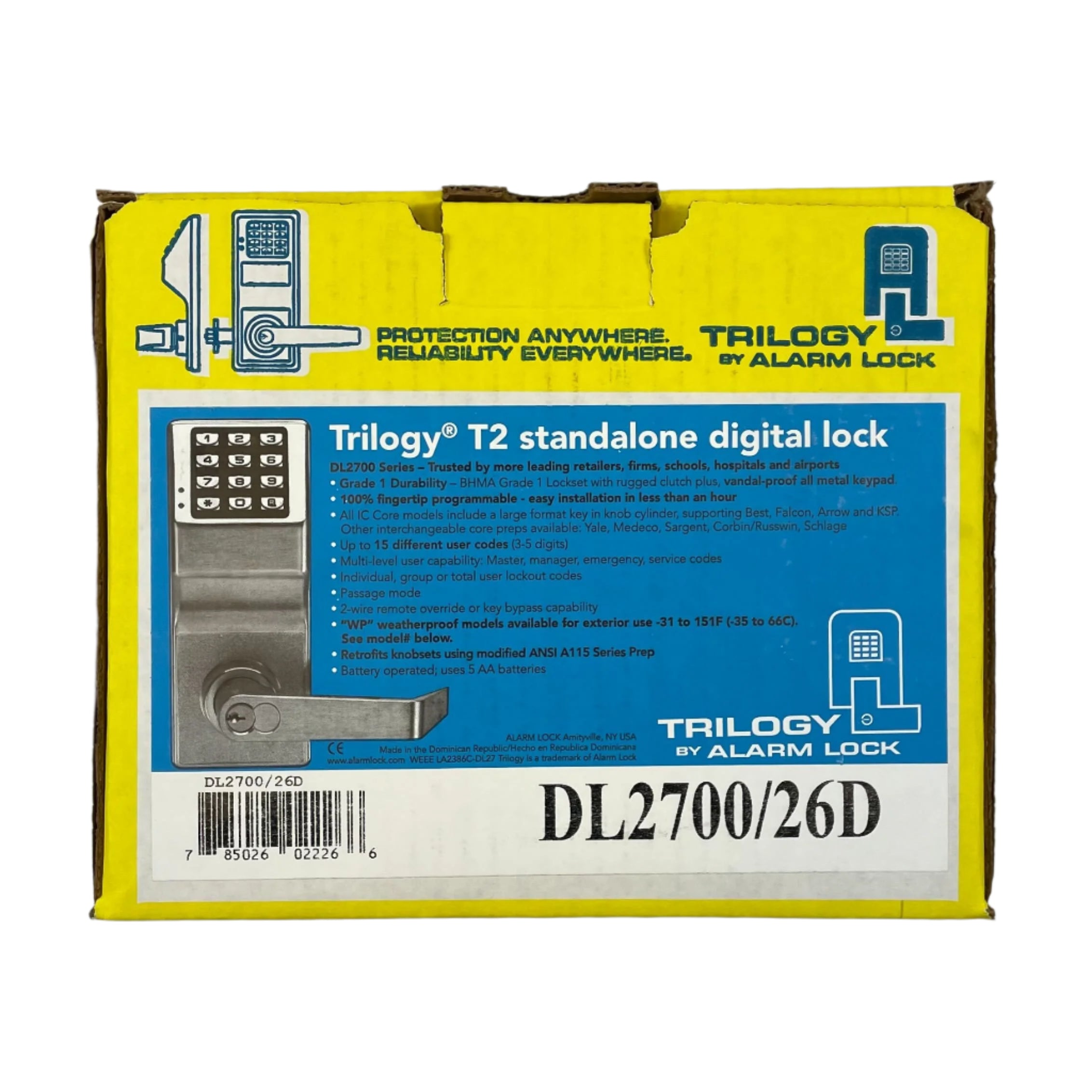 Alarm Lock DL2700/26D Trilogy T2 Standalone Push Button Cylindrical Lock