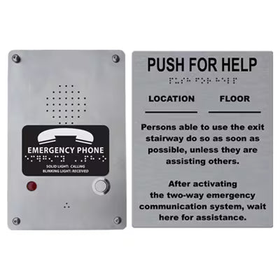 Rath Communications 7049SS fire alarm refuge instruction sign, 6 x 8 inches, with clear safety and emergency evacuation information.