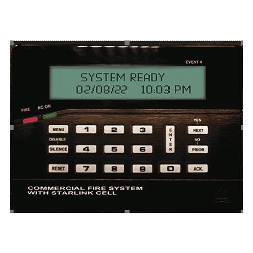 Napco FireLink Panel replacement keypad for fire alarm system, black plastic with buttons and display screen.
