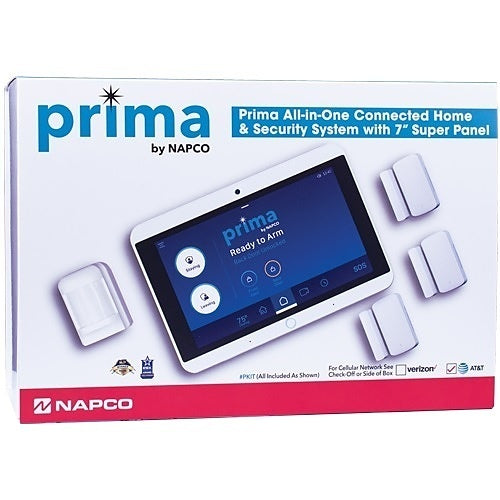 Napco PKIT1V 7-inch Super Panel Fire Alarm System in a box, Verizon compatible, with control panel and components visible.