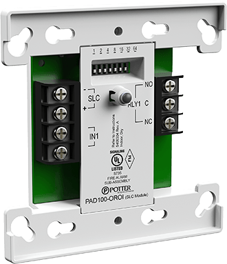 Potter PAD100-OROI one relay one input fire alarm module showing electronic components and connectors on a white background.