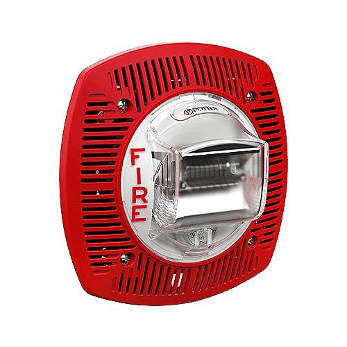 Potter SPKSTR-24WLPW low profile evacuation speaker strobe mounted on wall, with clear speaker grille and strobe light in white.