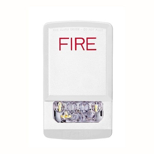 White Potter PE-STW PE Series wall-mounted LED strobe light with fire text for fire alarm signaling.