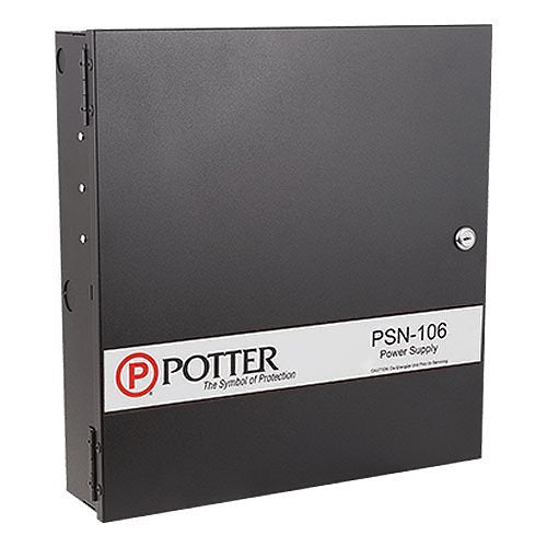 Potter PSN-106B fire alarm power supply with 10 Amp capacity and black enclosure, suitable for fire alarm systems.