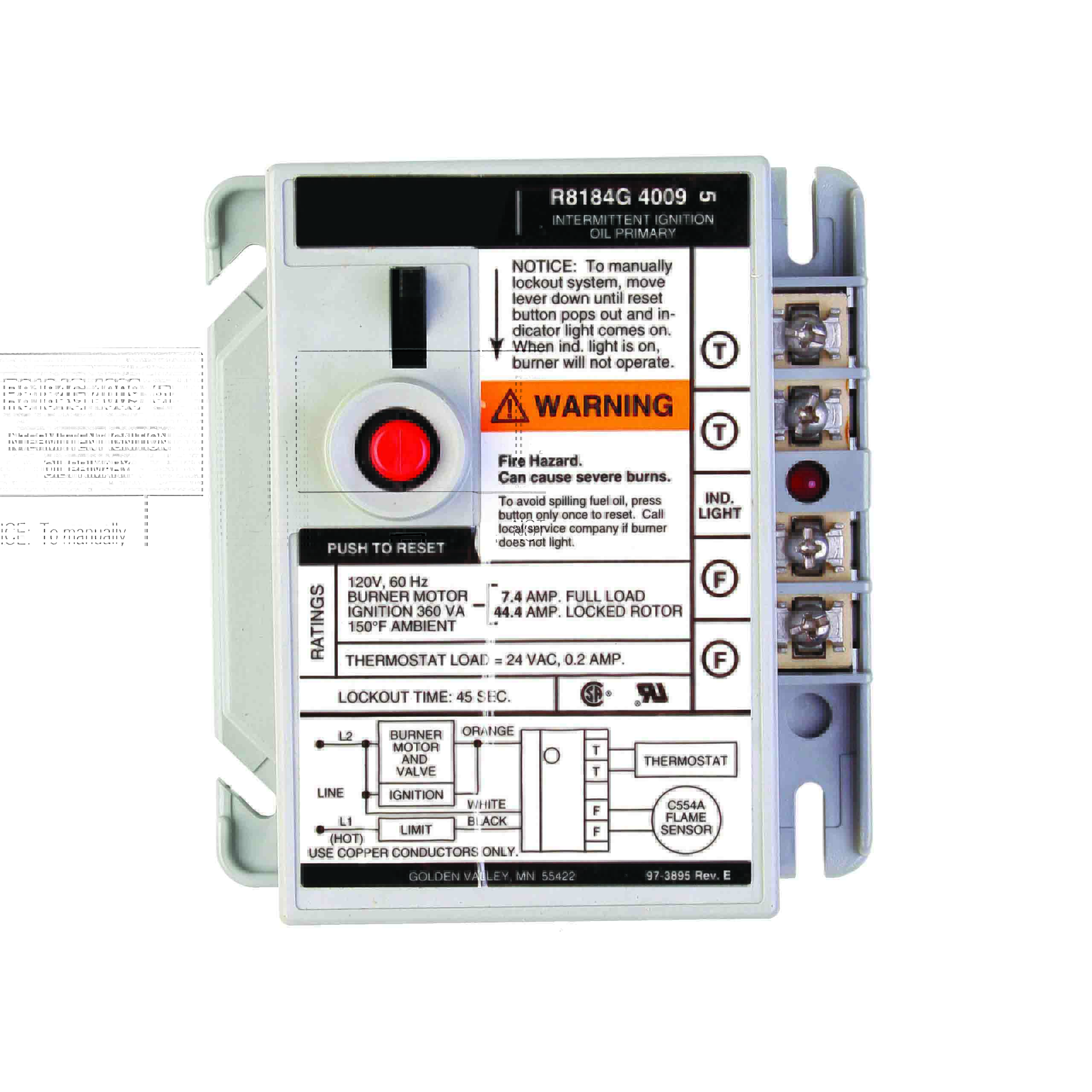 Resideo R8184G4033/U Protectorelay Oil Burner Control with 30 Seconds Lock Out Timing, R8184G4033