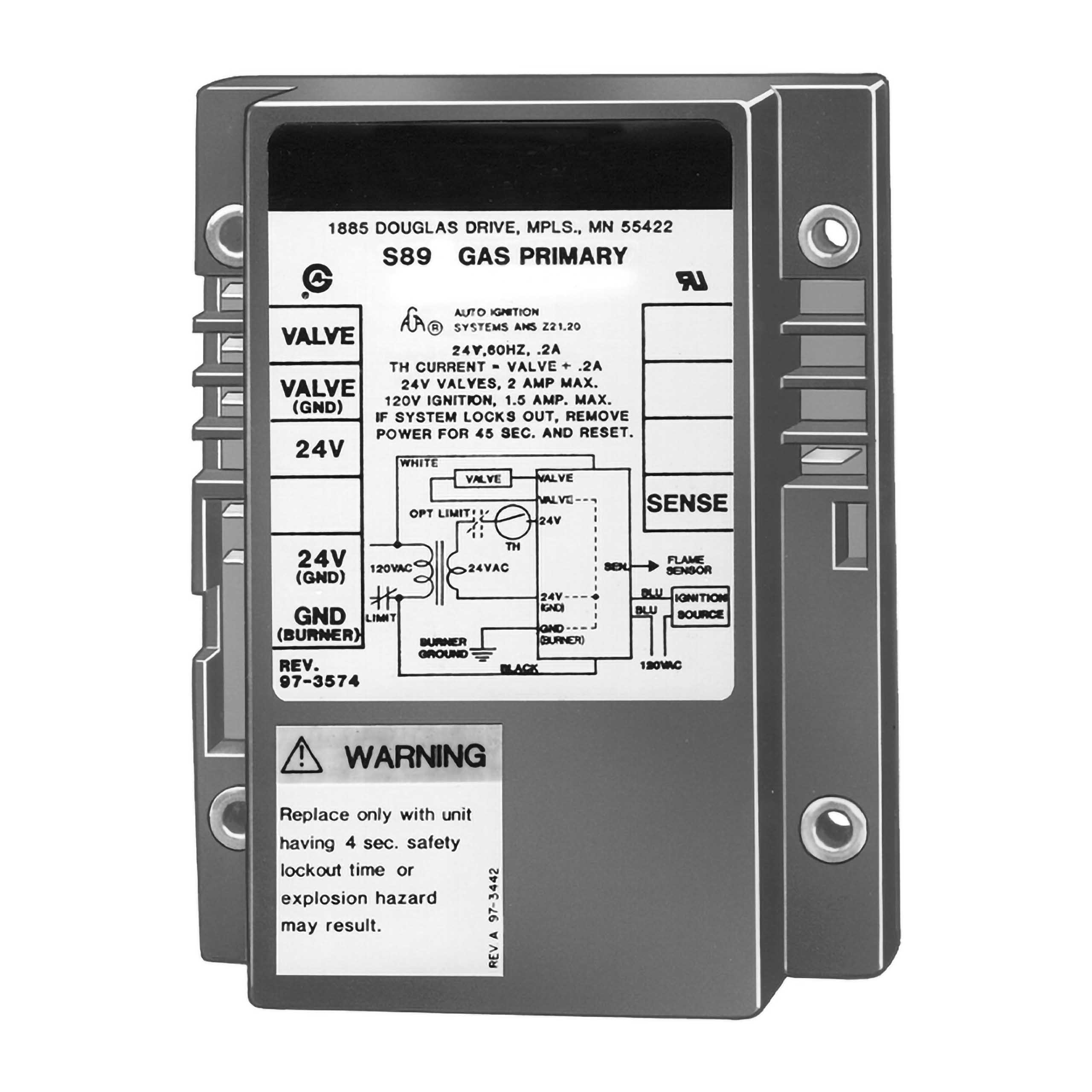 Resideo S89F1106/U Direct Spark Ignition Control, Two Rod with 4 second trial and lock out timing