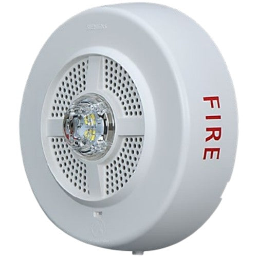 Siemens fire alarm speaker strobe ceiling device in white, designed for fire alert signaling and emergency notification.