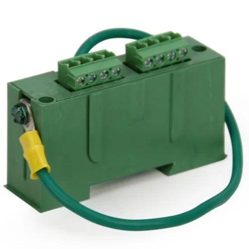 Space Age T120-DG 120V surge protection device for fire alarms, shown in a white and gray unit with wiring connections