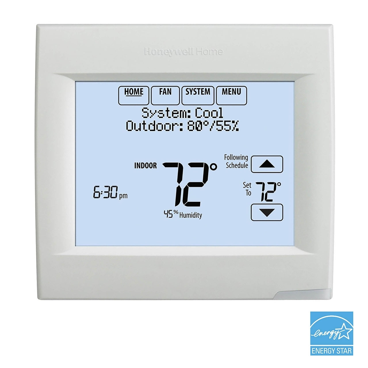 Honeywell Home VisionPRO 8000 single-stage thermostat with digital display and control buttons for home climate management