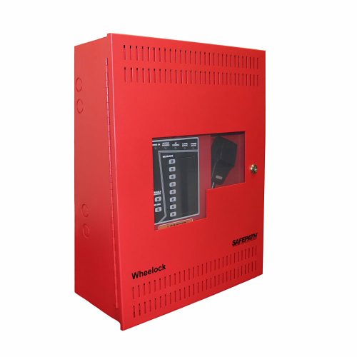 Eaton Wheelock SAFEPATH SP40S fire alarm system in red, 120V with 25/70/100V options, UL 864 compliant, mounted on wall