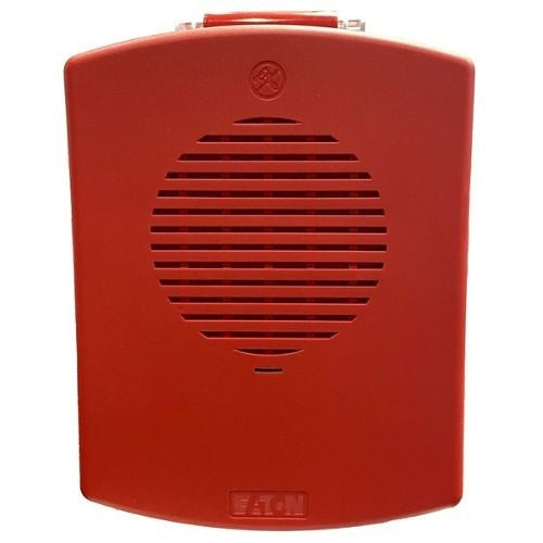 Eaton Wheelock EL3RSPK-NR 3R speaker with red fire alarm cover and mounting plate, designed for emergency notification systems.