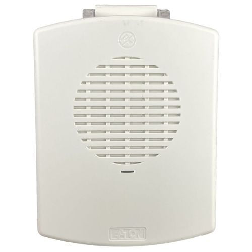 Eaton Wheelock EL4XHN-NW white surface-mounted horn with four ports and mounting box, designed for alarm and notification systems.