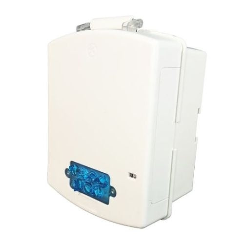 Eaton Wheelock EL4XSTB-NW 4X strobe fire alarm with blue lens and backbox, no lettering, mounted on a wall.