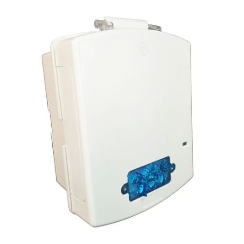Eaton Wheelock EL4XSTB-NW 4X strobe fire alarm with blue lens and backbox, no lettering, mounted on wall.