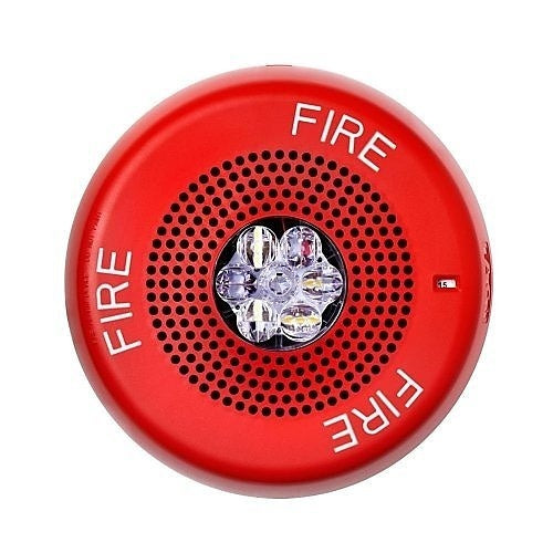 Eaton Wheelock Eluxa Horn Strobe fire alarm with FIRE lettering, ceiling mount, black housing, and clear strobe light.