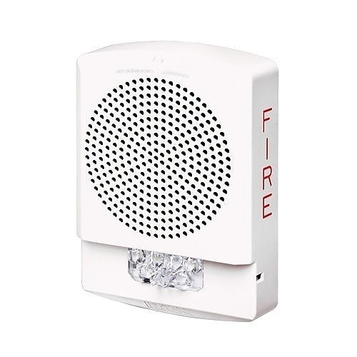 Eaton Wheelock Eluxa Chime Strobe fire alarm with FIRE lettering, wall mount, white 24V model, visible chime and strobe components.