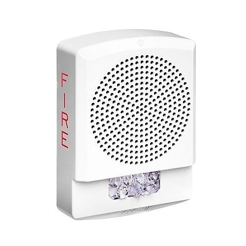 Eaton Wheelock Eluxa Fire Alarm with white wall mount chime strobe, FIRE lettering, 24V power supply, safety alert device