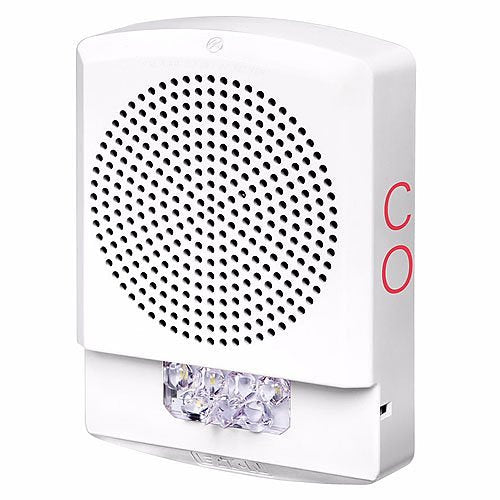 Eaton Wheelock Eluxa low-frequency indoor horn strobe fire alarm with CO marking, black enclosure and mounting hardware.