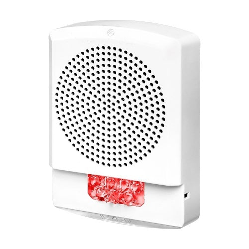 Eaton Wheelock Eluxa multitone strobe horn with no lettering, featuring a white casing and mounting bracket for emergency alert signaling.