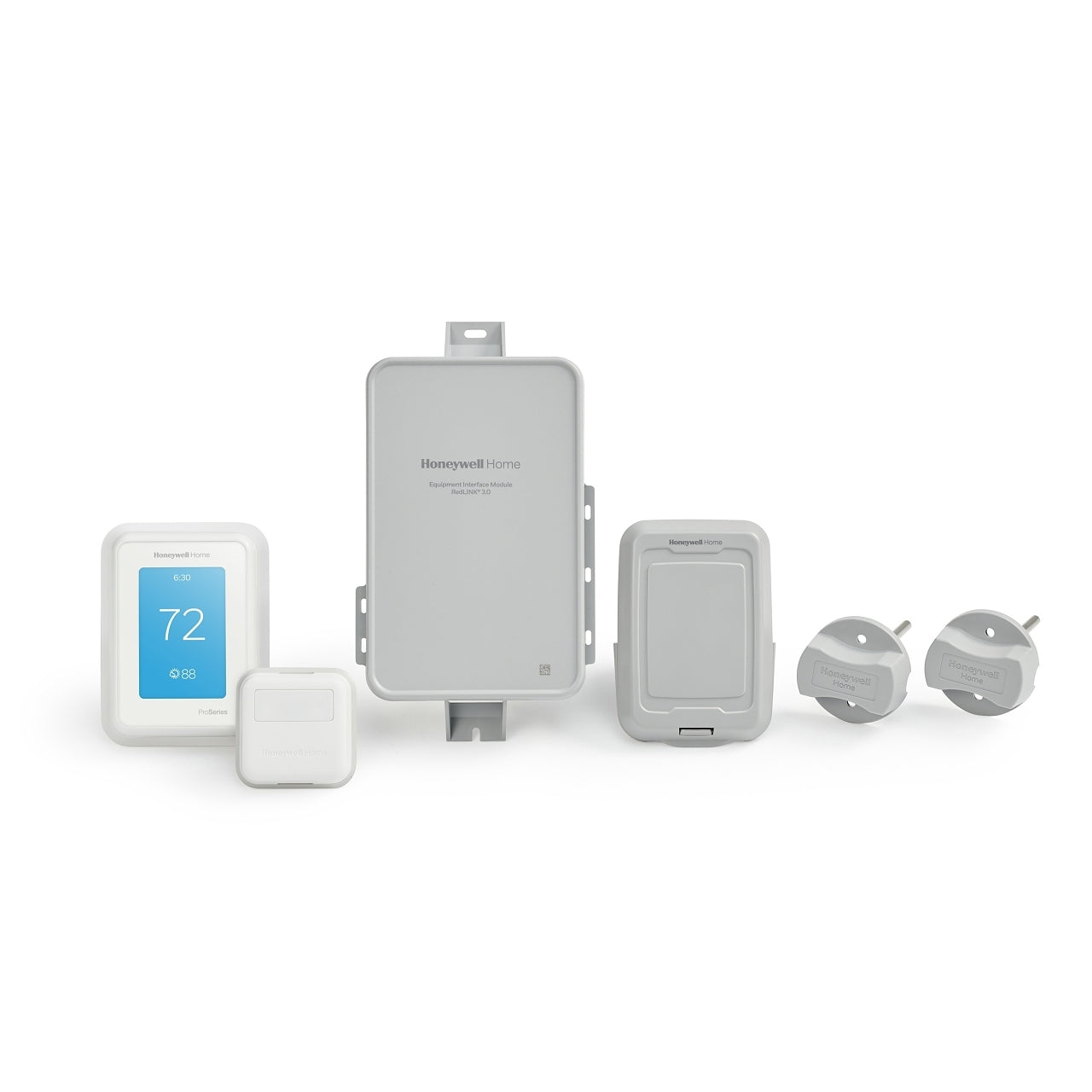 Honeywell Home T10+ Pro Smart Thermostat Kit with EIM, shown with display and installation components, for advanced home temperature control.