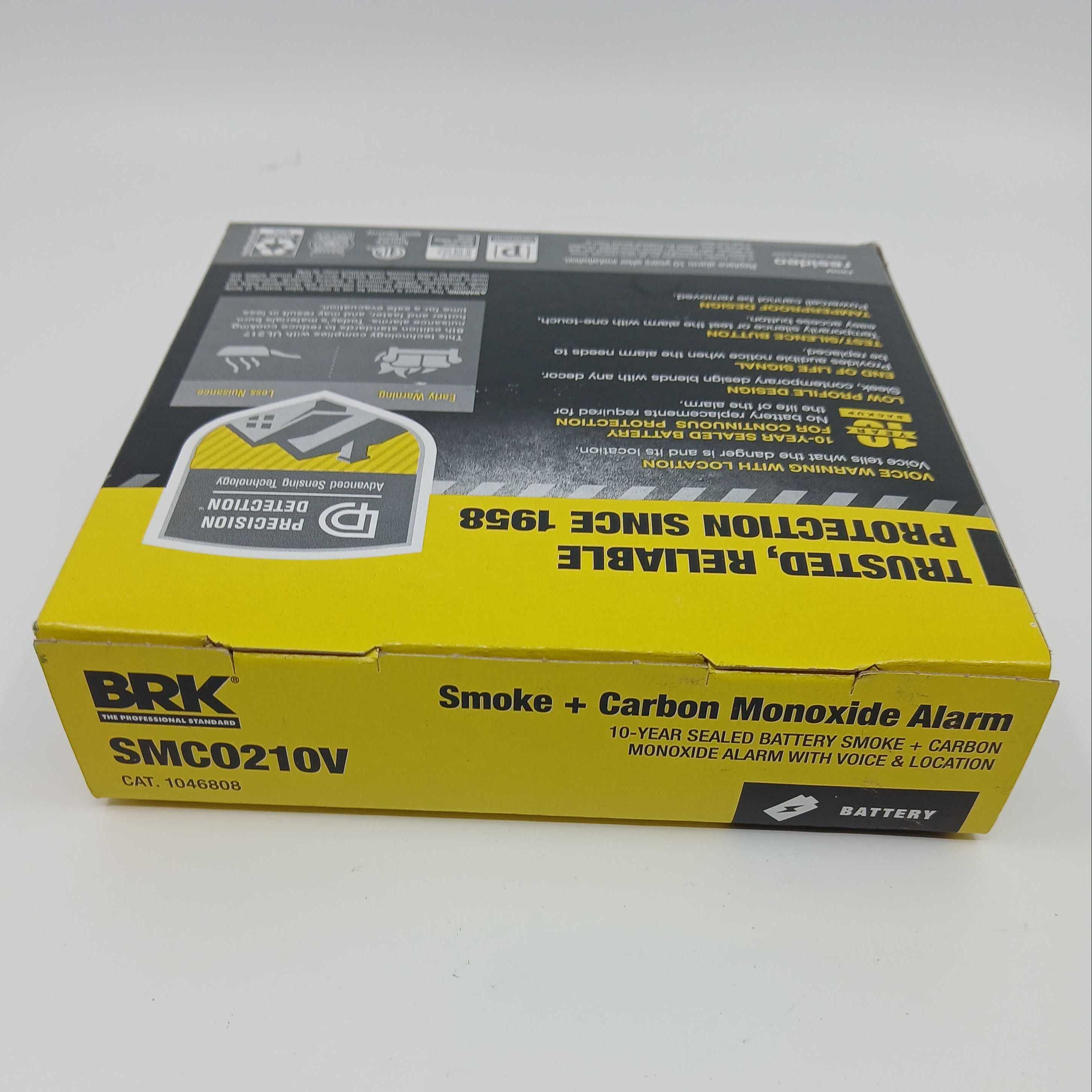 BRK SMCO210V 10-Year Sealed Battery Combo Smoke Alarm showing digital display and smoke sensor in a home setting