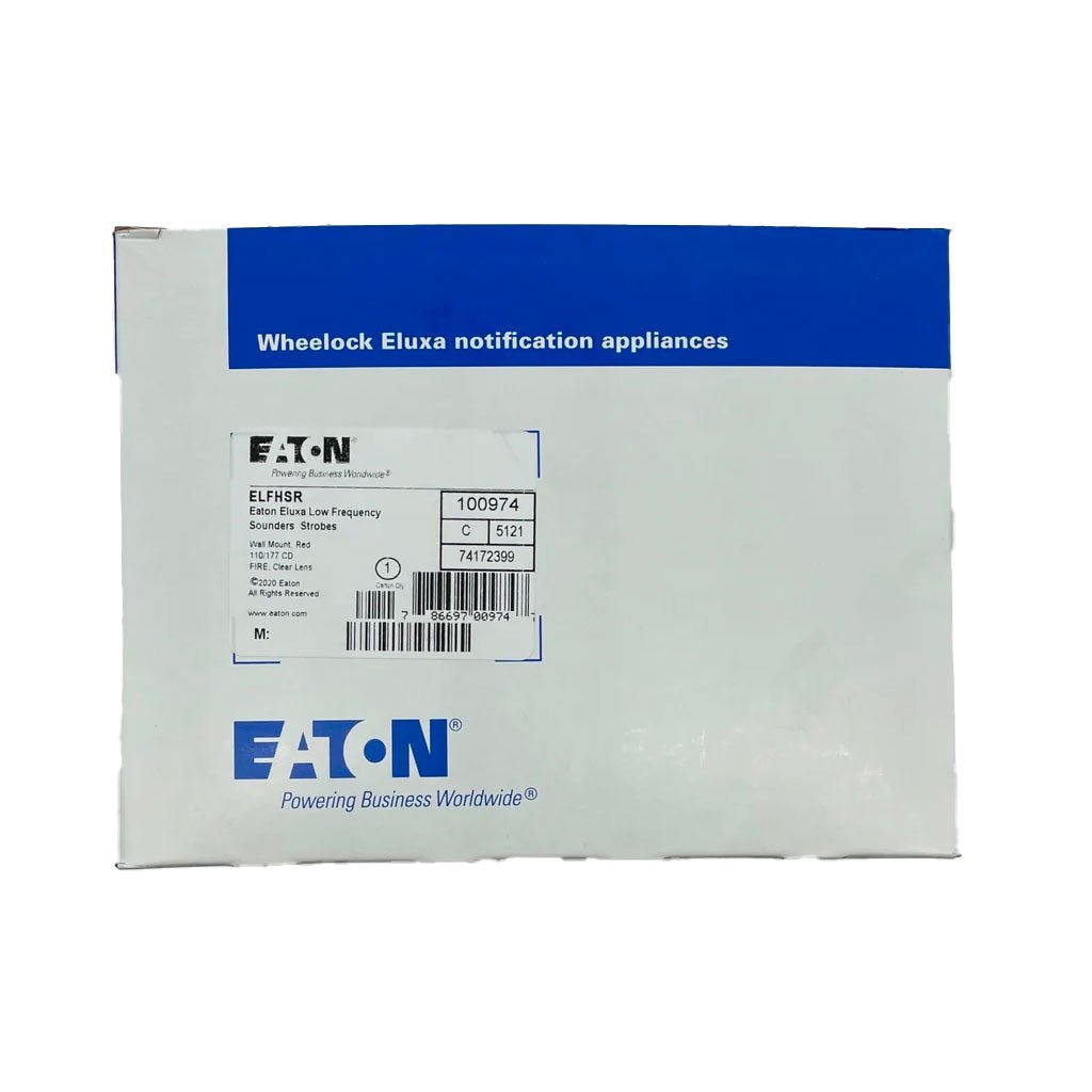 Eaton Wheelock ELFHSR Eluxa low-frequency sounder strobe light mounted on a ceiling fixture