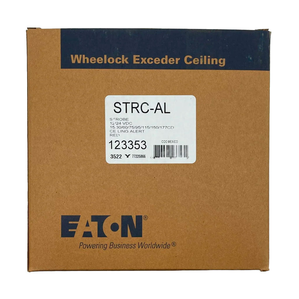 Eaton Wheelock STRC-AL Strobe Ceiling light with warning flash for emergency signaling, mounted on a ceiling.