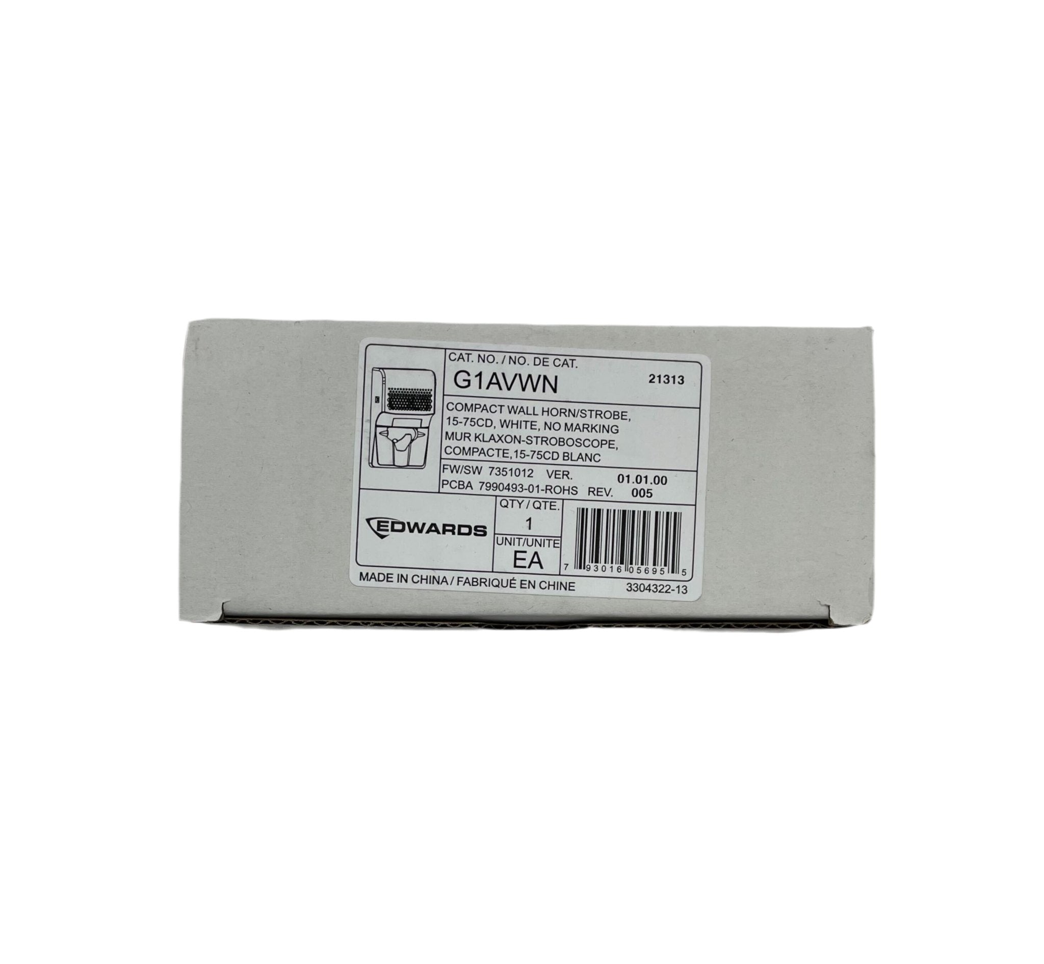Edwards G1AVWN compact wall horn strobe alert device with white plastic housing and adjustable mounting bracket.